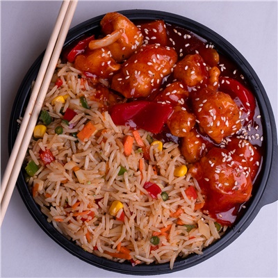 IND0 SWEET & SOUR CHICKEN + VEG FRIED RICE